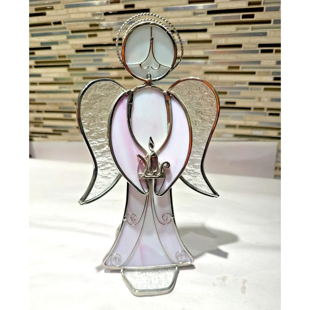 Vintage Stained Glass Angel Candle Holder White Pink Wings Handmade 10
